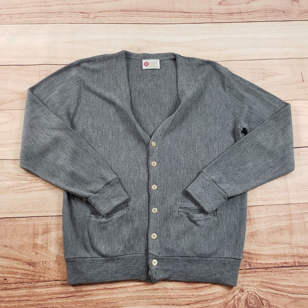 VINTAGE Kings Road Sweater Mens Large Gray Cardigan Knit Open Front‎ Preppy